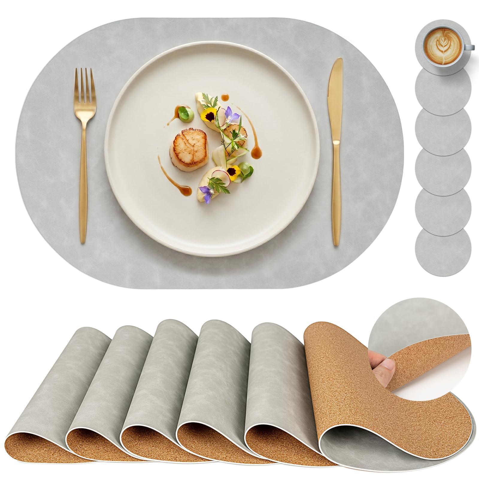 PROMATTOO Premium Oval Faux Leather Placemats with Coasters, Set of 4/6 Dining Table Mats, Cork-Effect Non-Slip Backing, Heat-Resistant Wipe-Clean Place Mats for Dinner, Coffee and Home Decor