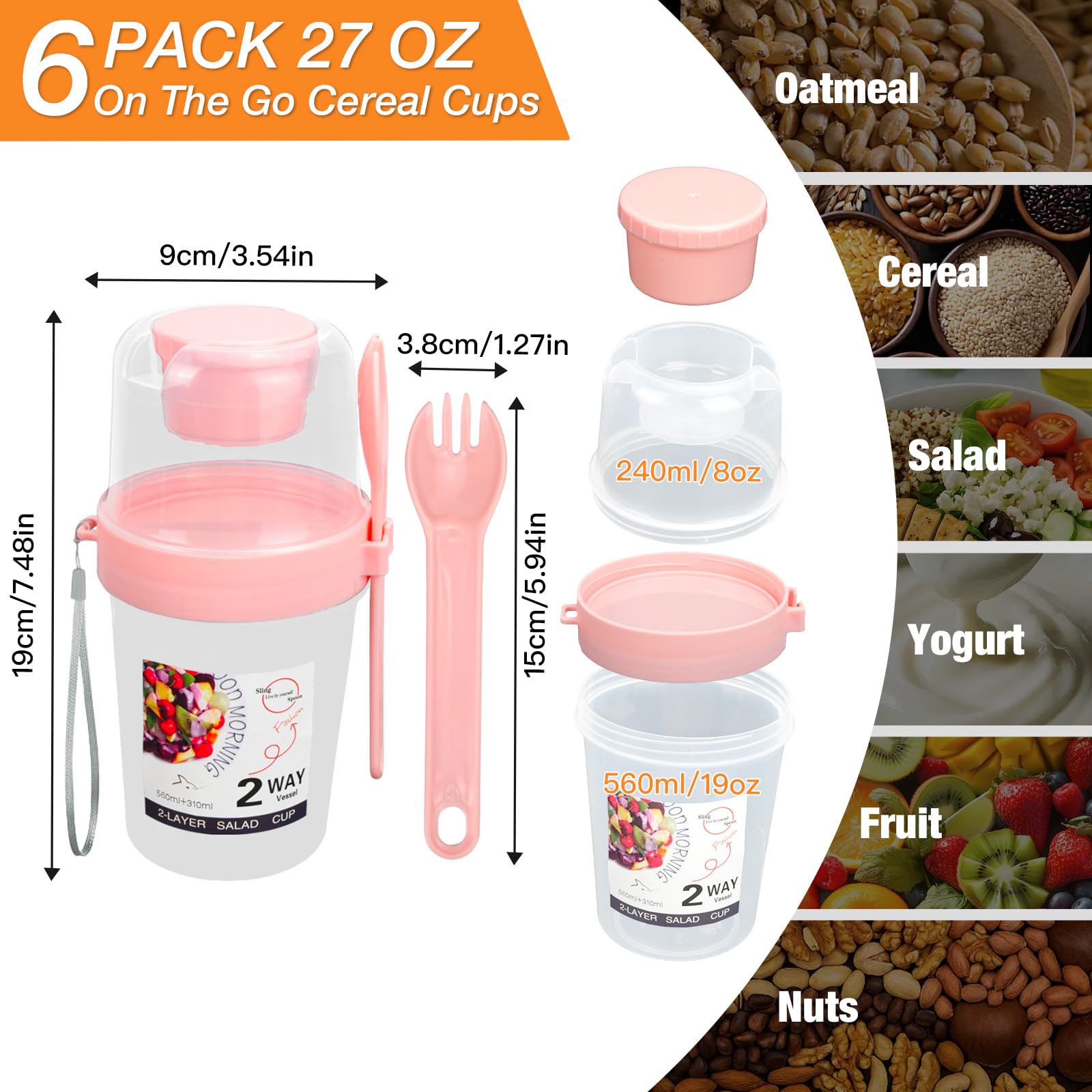 6 sztuk kubeczków na musli na drogę z łyżeczką, 800ml kubeczki na jogurt na wynos, szklanki na overnight oats, bez BPA, kubeczki na musli na drogę z pokrywką i sosownicą do pracy, szkoły