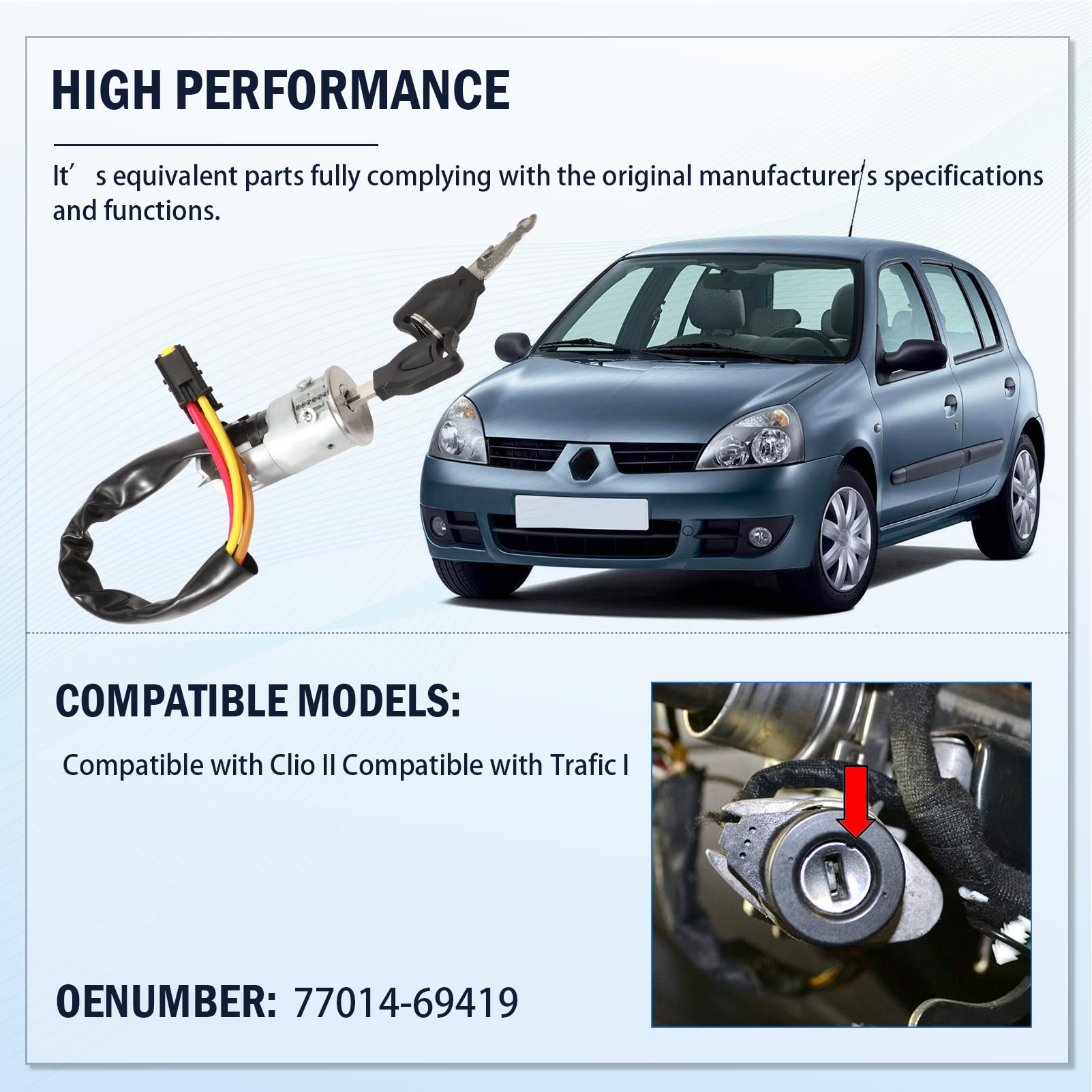 GRACEGALAXY Interruttore di Accensione Cilindro Serratura 2 Chiavi per Clio 2 Twingo 1 Scenic 1 Megane 1 Megane Scenic, Thalia Logan MCV Sandero 1995-2012 7701469419, 7701471220
