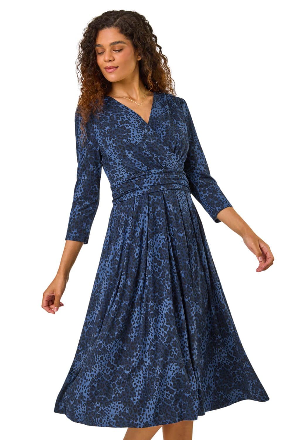Roman Women's Blue Animal Print Mock Wrap Midi Dress Size 14