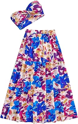 SOLY HUX Women's Boho 2 Piece Outfits Floral Print Colorful Tube Top and Ruffle Hem Maxi Skirt Set