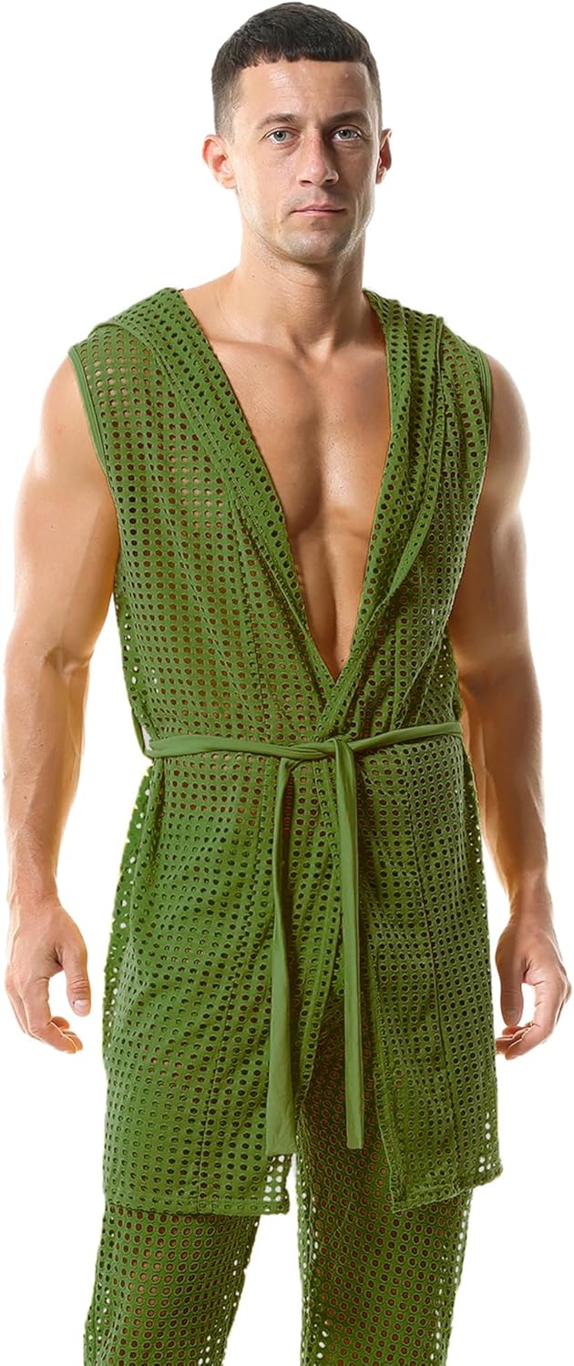 Men's Mesh Fishnet Robes Hooded Short Sleeveless Bathrobes Nightwear