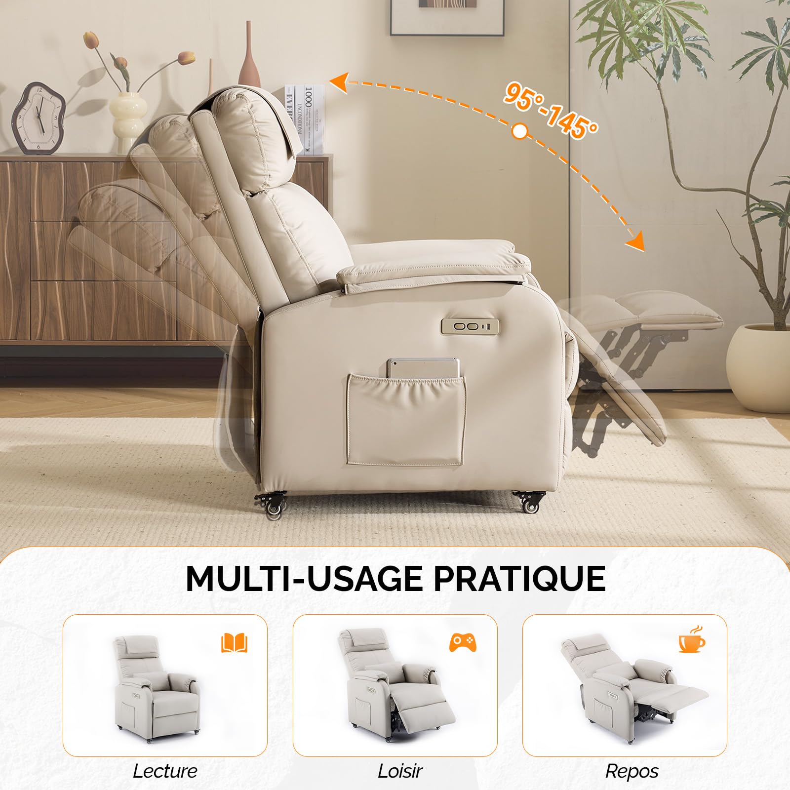 Bonnlo Sillón Relax Reclinable Eléctrico con Ruedas, Sillón Relax con Puntos Masaje y Calor, con Cojín y Reposacabezas, para Salón y Oficina, Soporte hasta 150 kg (Gris Perla, Antigarra-2 Puntos)
