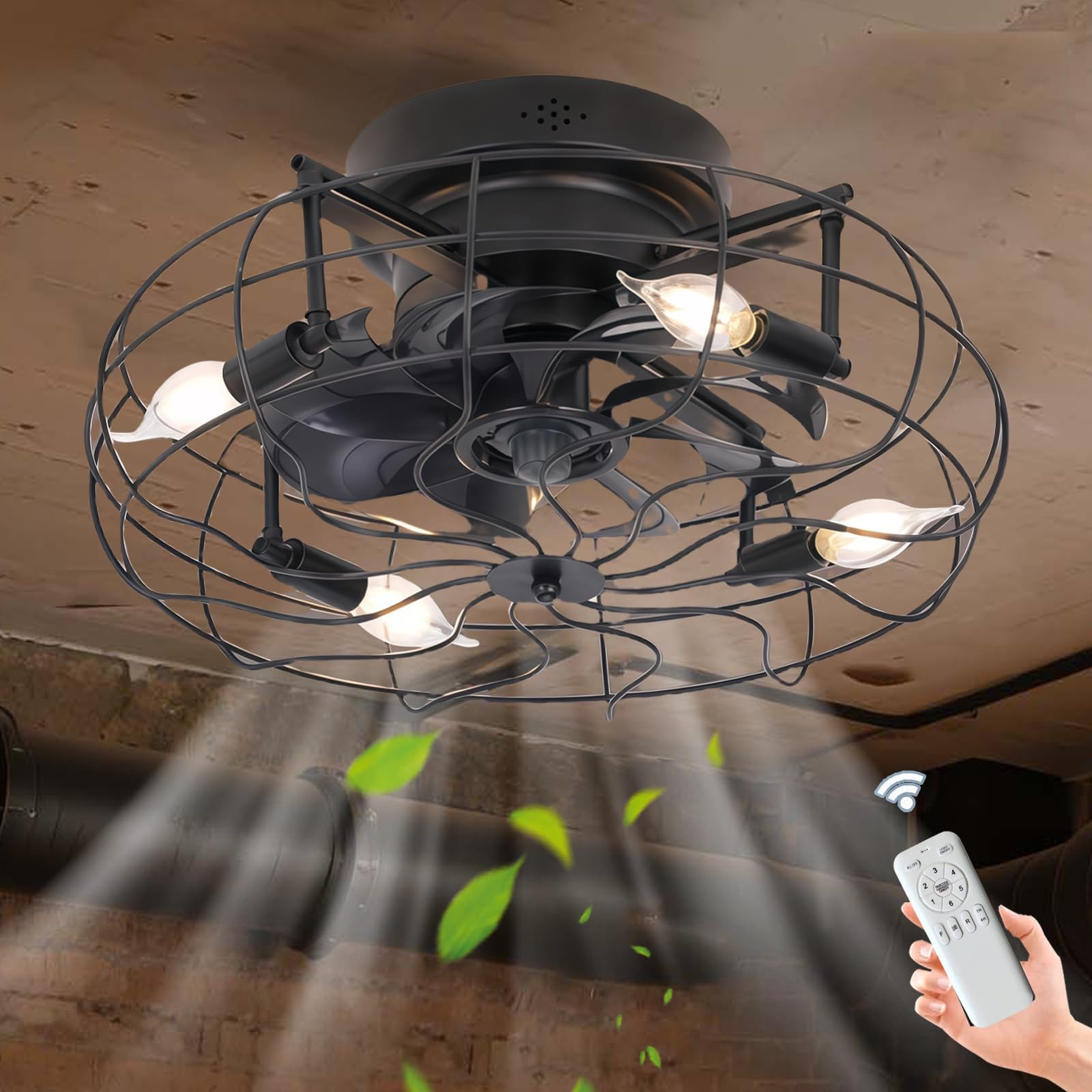 HXYSXHJUO 50CM Cage Ceiling Fans with Lights and Remote, 6 Speeds Industrial Fan Lamps Reversible DC Motor for Living Room, Dining Restaurant, Bedroom, Lounge-B