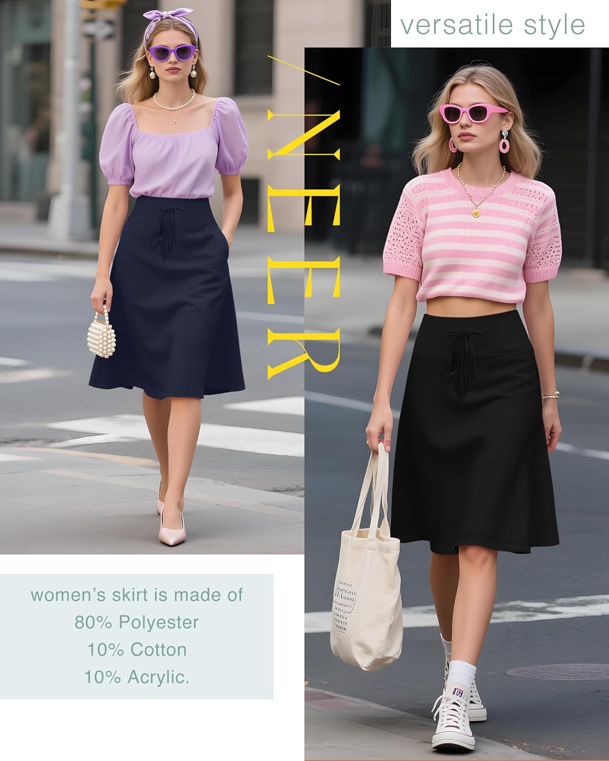 Neer 3 Pack Women's Knee Length Midi Skirts, Flowy Flared High Waisted A-Line Casual Drawstring Summer Skirts with Pockets - Image 3