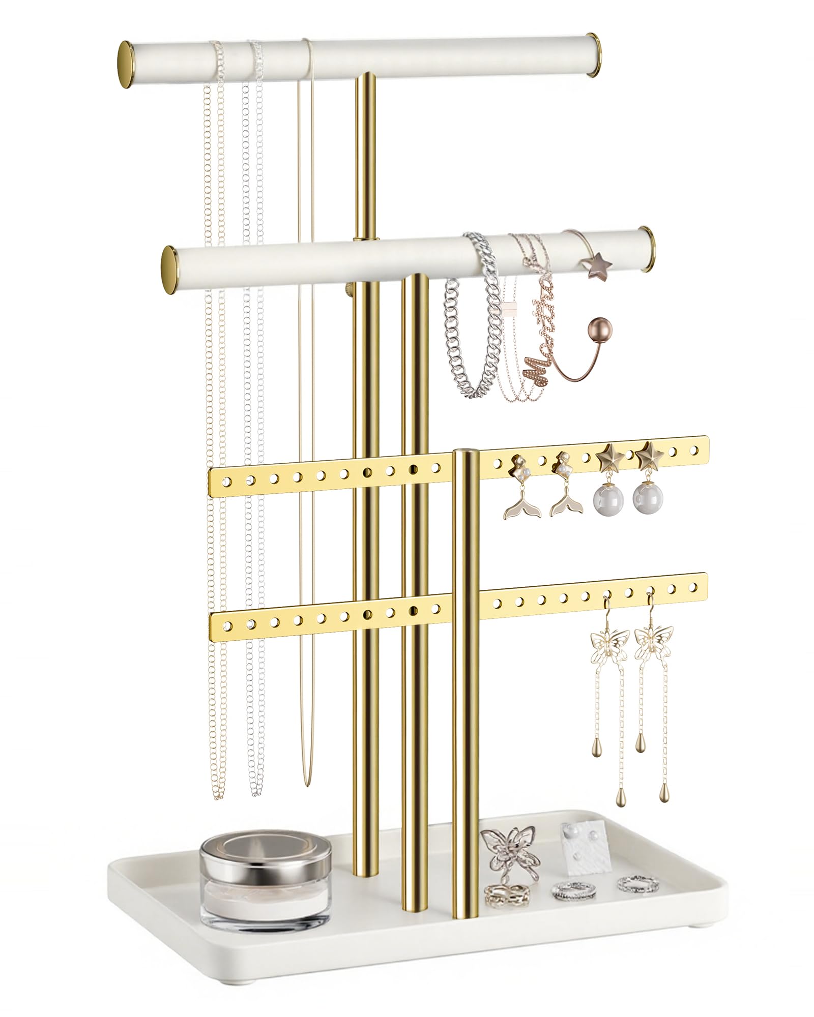 pickpiff Jewelry Holder Organizer with Velvet Adjustable 10-17 Tall Metal Stand for Display Bracelet Necklace Earrings Rings White
