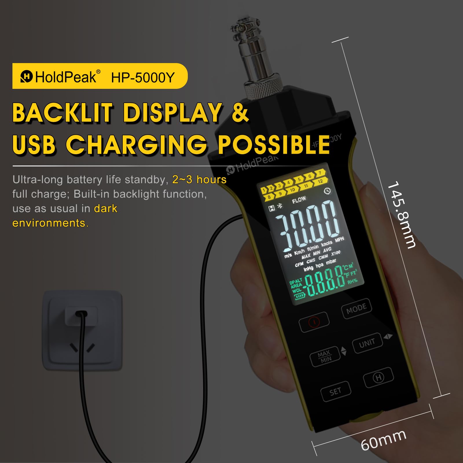 HOLDPEAK Anemómetro digital de alambre caliente CFM CMM medición temperatura sonda telescópica pantalla iluminada USB