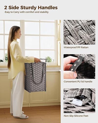 Miniatura 6 de Greenstell Cesta de lavandería con ruedas, no necesita instalación, cestas tejidas a mano divididas de 110 litros y 2 bolsas extraíbles con forro,