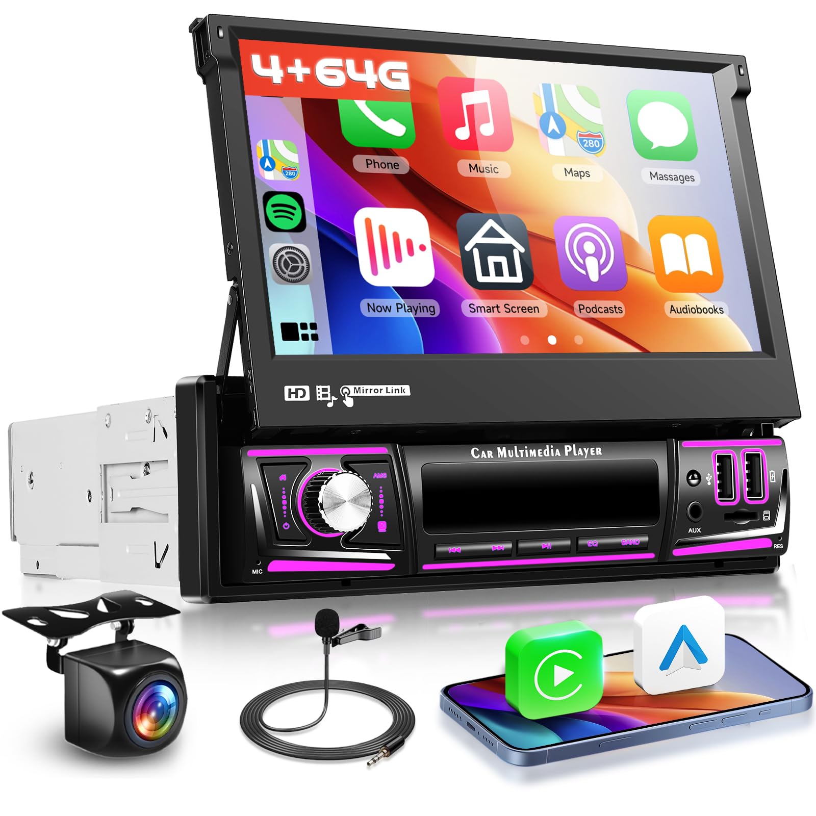 カーオーディオデッキ Bluetooth FMラジオ1DIN ワイヤレス7インチ Amazon.co.jp: 1DIN ワイヤレスCarplay＆Android Auto, 7インチ