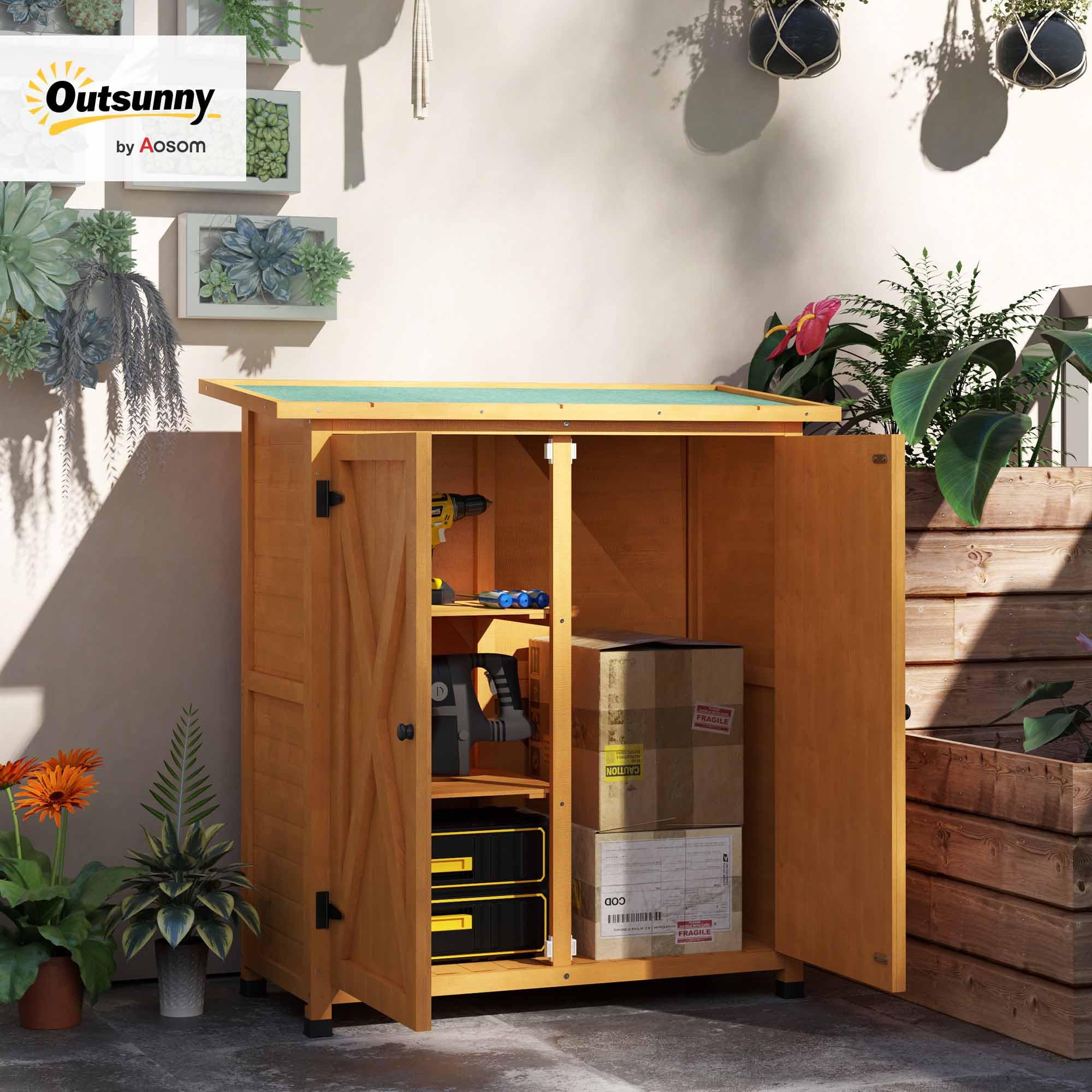 Outsunny Gartenschrank, Geräteschuppen aus Holz, Wetterfest Geräteschrank mit 2 Türen, Werkzeughaus mit Asphaltdach, Werkzeugschrank für Garten, Terrasse, 110 x 55 x 117 cm, Gelb