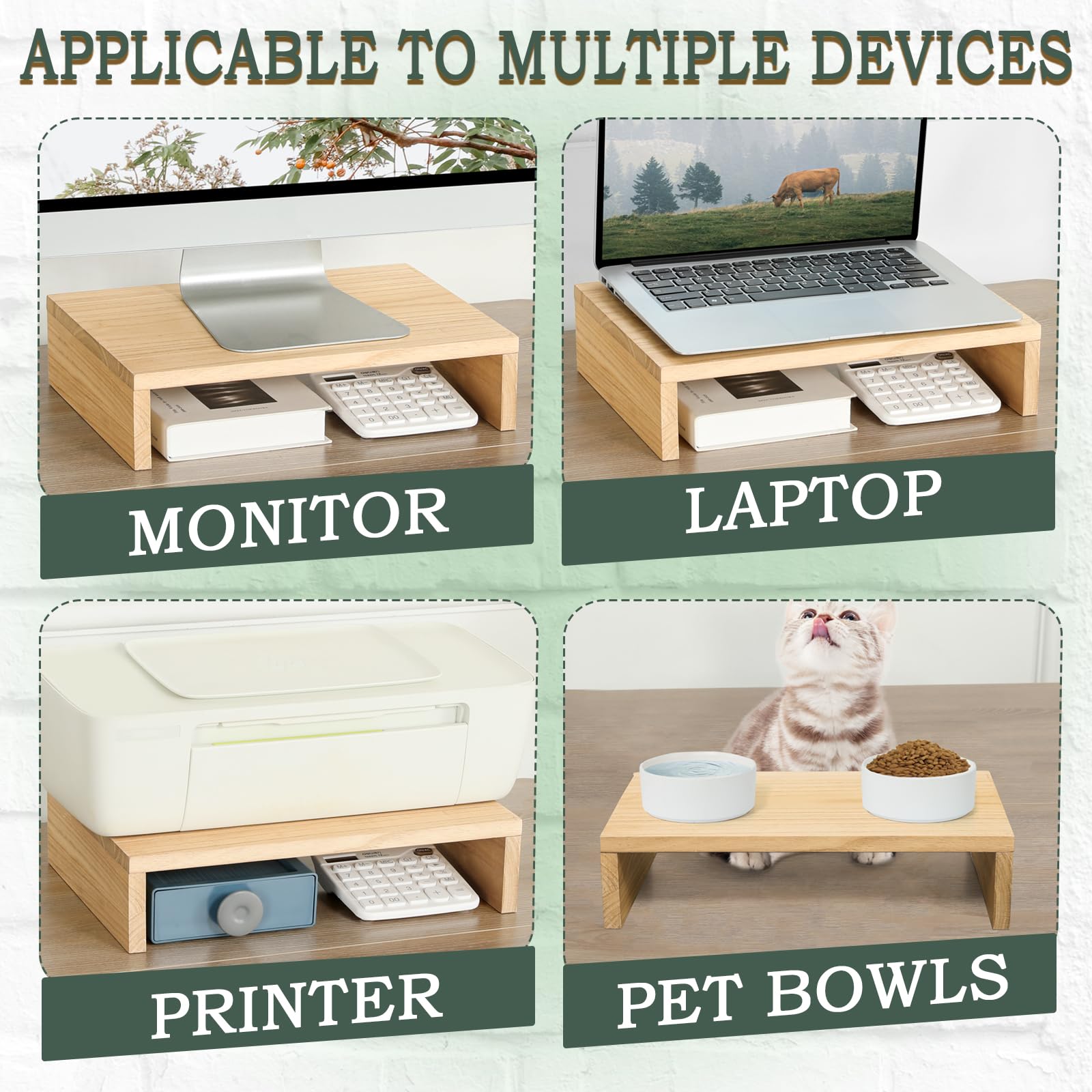 TEAMIX Solid Wood Monitor Stand Riser, 14.2 inch Natural Monitor Riser for Laptop/Screen/Computer Desk Organizer Shelf for Kitchen Home Office