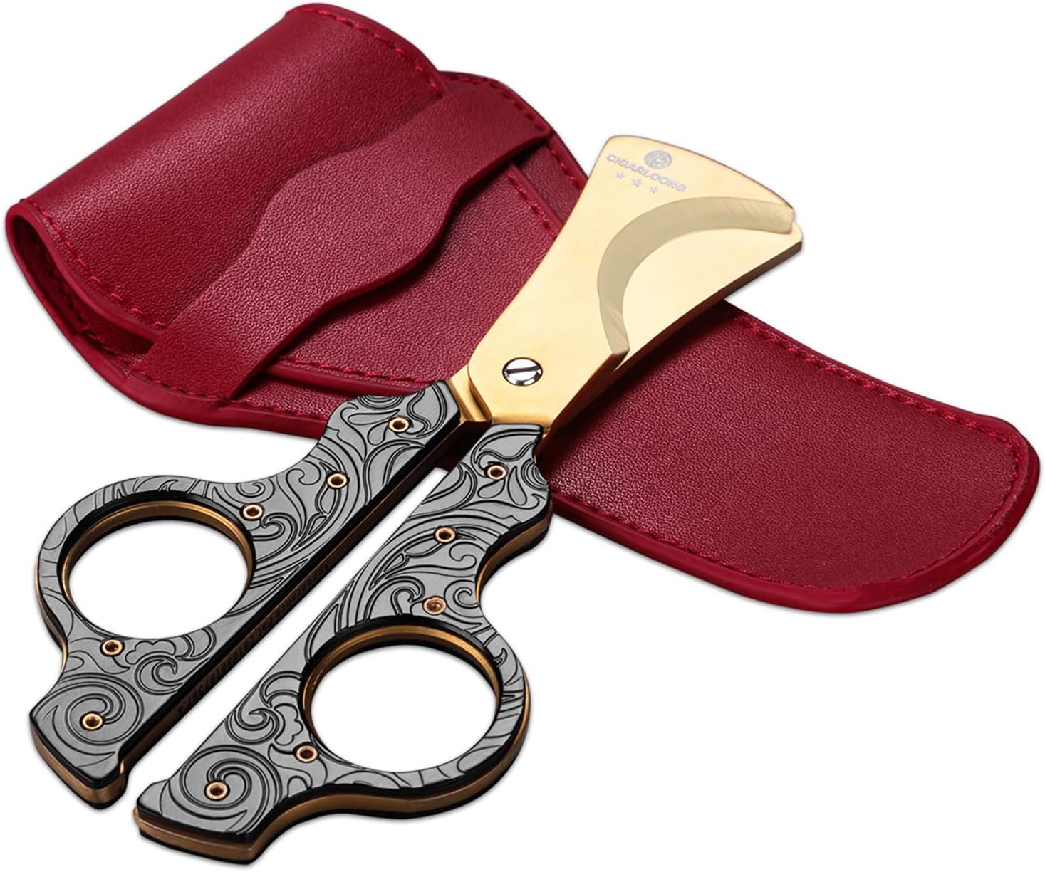 Cigar Scissors Cutter Stainless Steel Double Blade Guillotine Cutter Straight Cut Scissors with Leather Case(Black)
