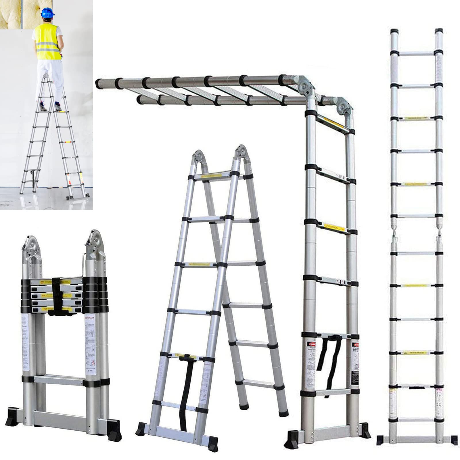 Foldable Ladders Scaffolding Loft Ladder 12.5ft/3.8M(1.9+1.9M) Aluminium Telescopic Stepadder Portable for Home Household DIY Builder Supply Garden Roof Work Office