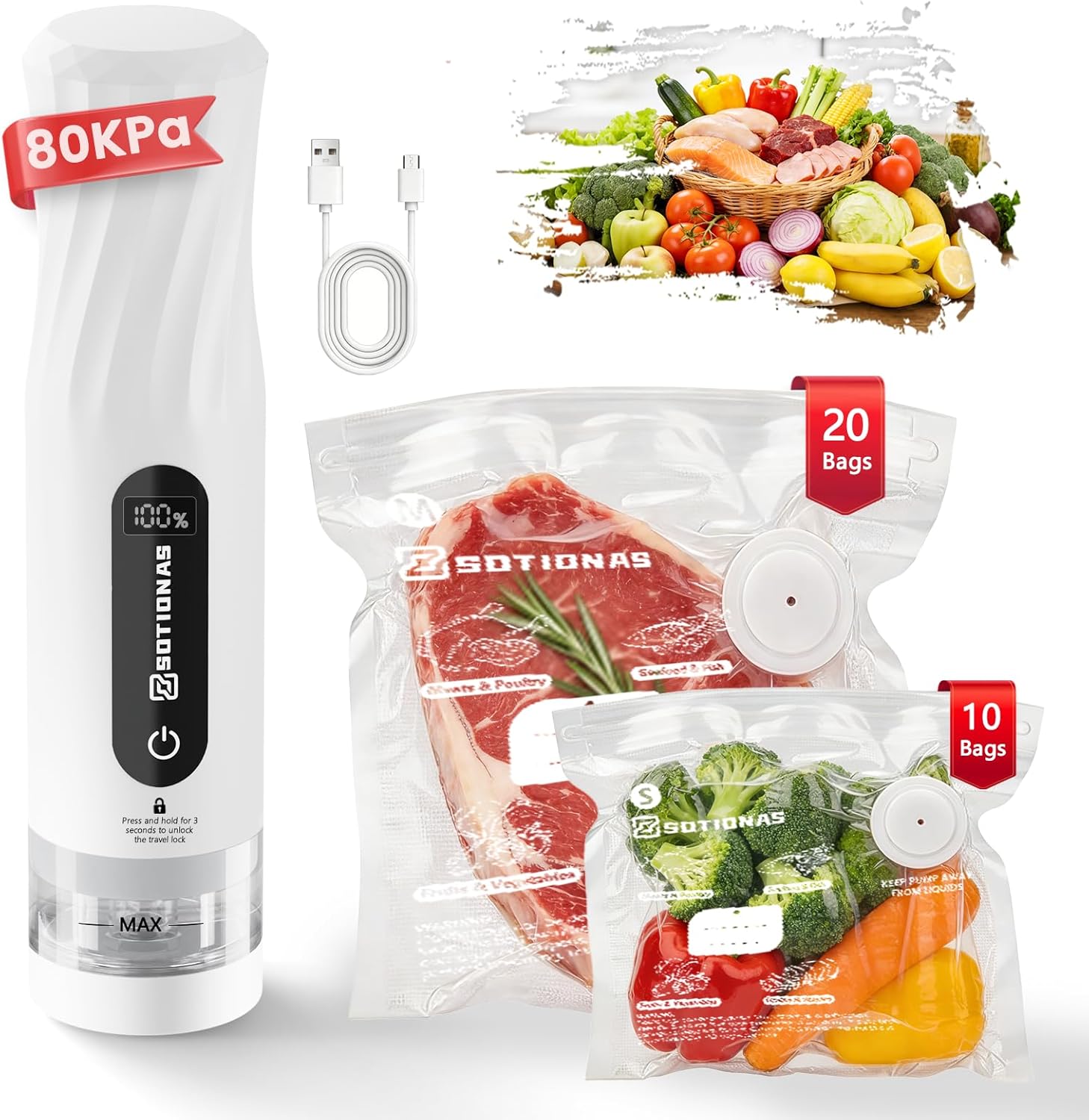 Compact Vacuum Sealer for Food (Vacuum Sealer Machine + 30 Reusable Vacuum Sealer Bags), Powerful Handheld Vacuum Sealer Machine with Lock Function, Preserve 8X Freshness, Portable for Travel
