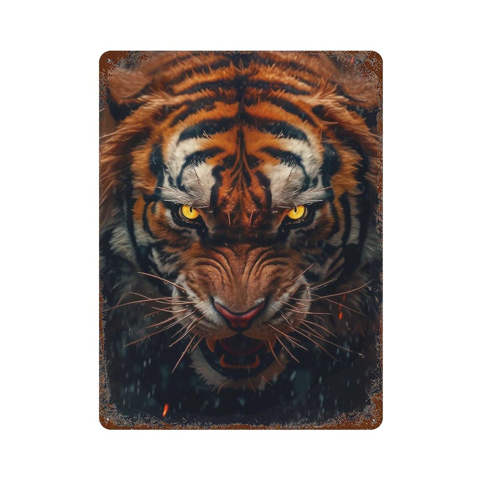 Tiger Roaring in Rain 15.7"x11.8" Distressed Metal Wall Sign, Shabby Chic Decor for Shed, Workshop And Garage Wall Decor