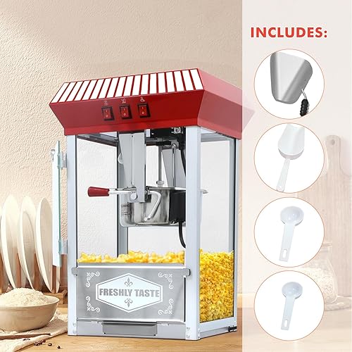 Miniatura 8 de Máquina comercial de palomitas de maíz con carrito y hervidor de 12 onzas, estilo vintage con ruedas de vidrio templado, plataforma de