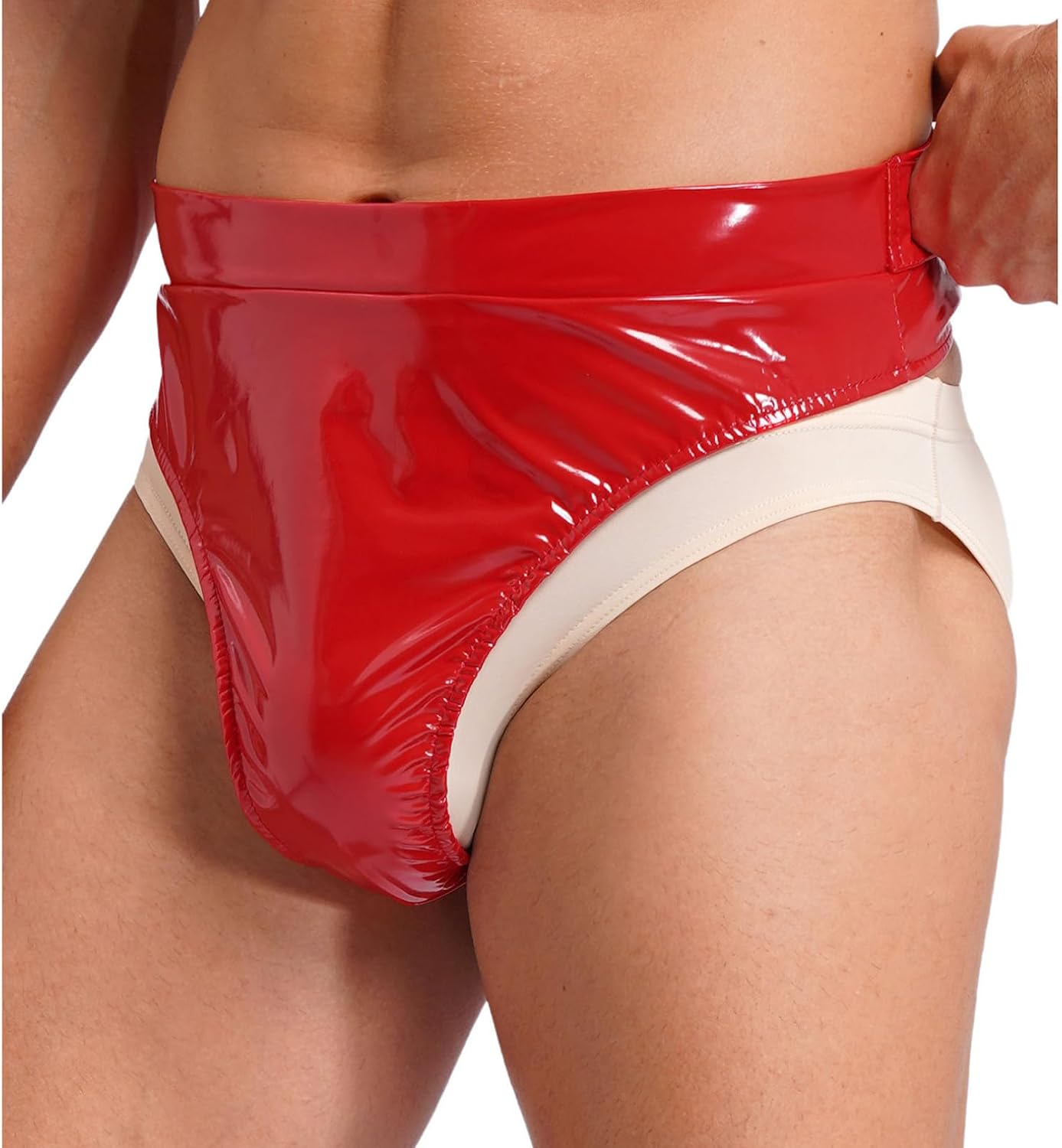 ranrann Men's Shiny Wet Look Patent Leather Back Adjustable Booty Shorts Knickers Underwear