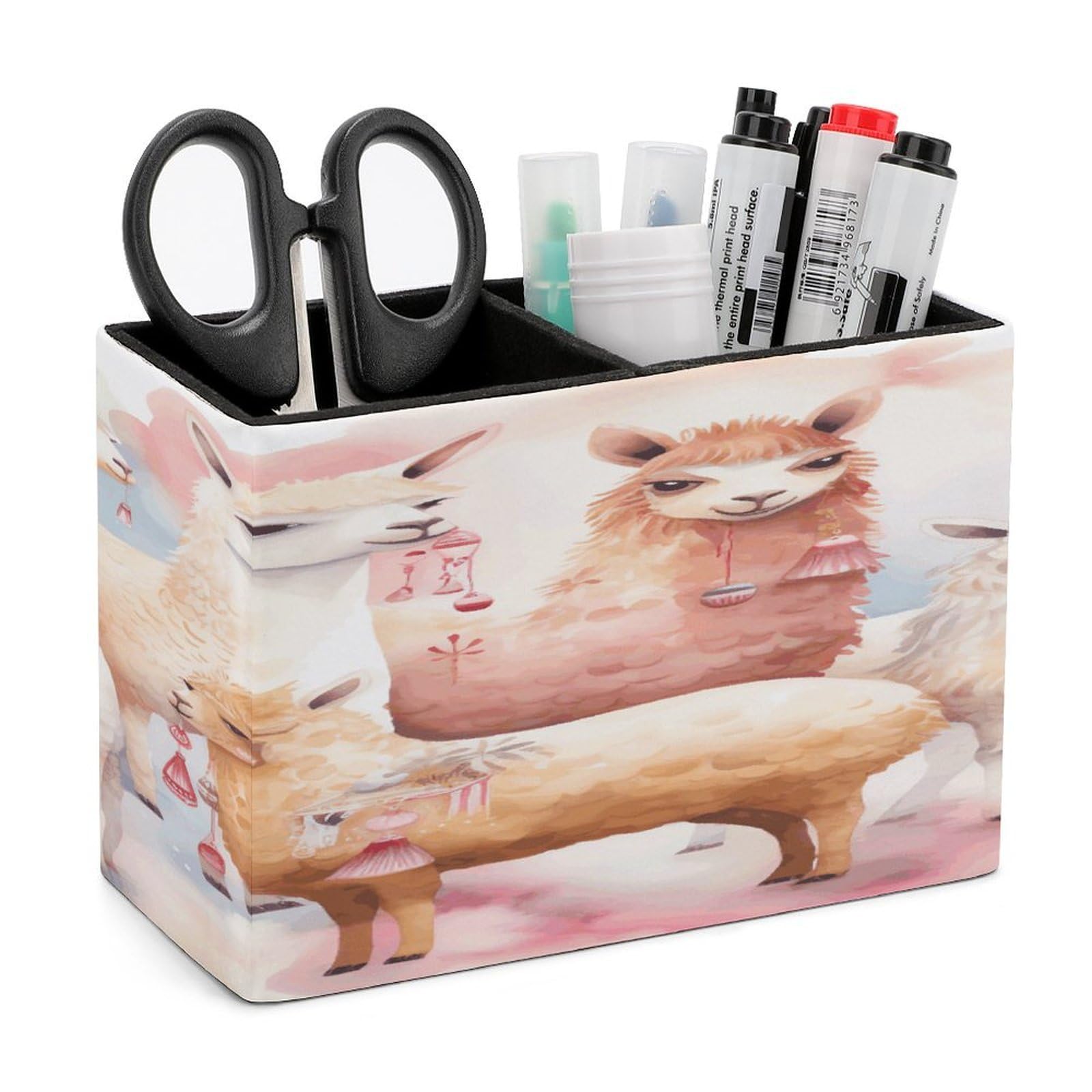 VstaDank Alpaca2 Pencil Holder for Desk(Double Slots) Fashion Leather Pencil Cup Simple Rectangular Shape Pen Holder Multi-Functional Pen Cup for Home Office Supplies Storage