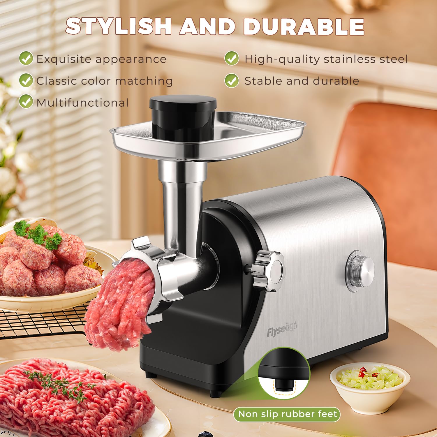 Picadora de carne eléctrica multifuncional de 3200 W, molinillo de carne comercial resistente, trituradora de verduras, cortador de hielo con 2 cuchillas, 3 placas de molienda, 3 tubos de 7