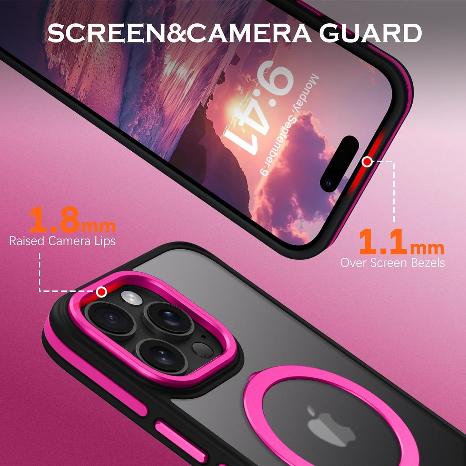 YINLAI Case for iPhone 16 Pro Max, Magnetic [Compatible with Magsafe] with Ring Holder Kickstand Slim Translucent Matte Men Women Shockproof Protective Back Phone Cover 6.9 Inch, Hot Pink/Black - Image 4