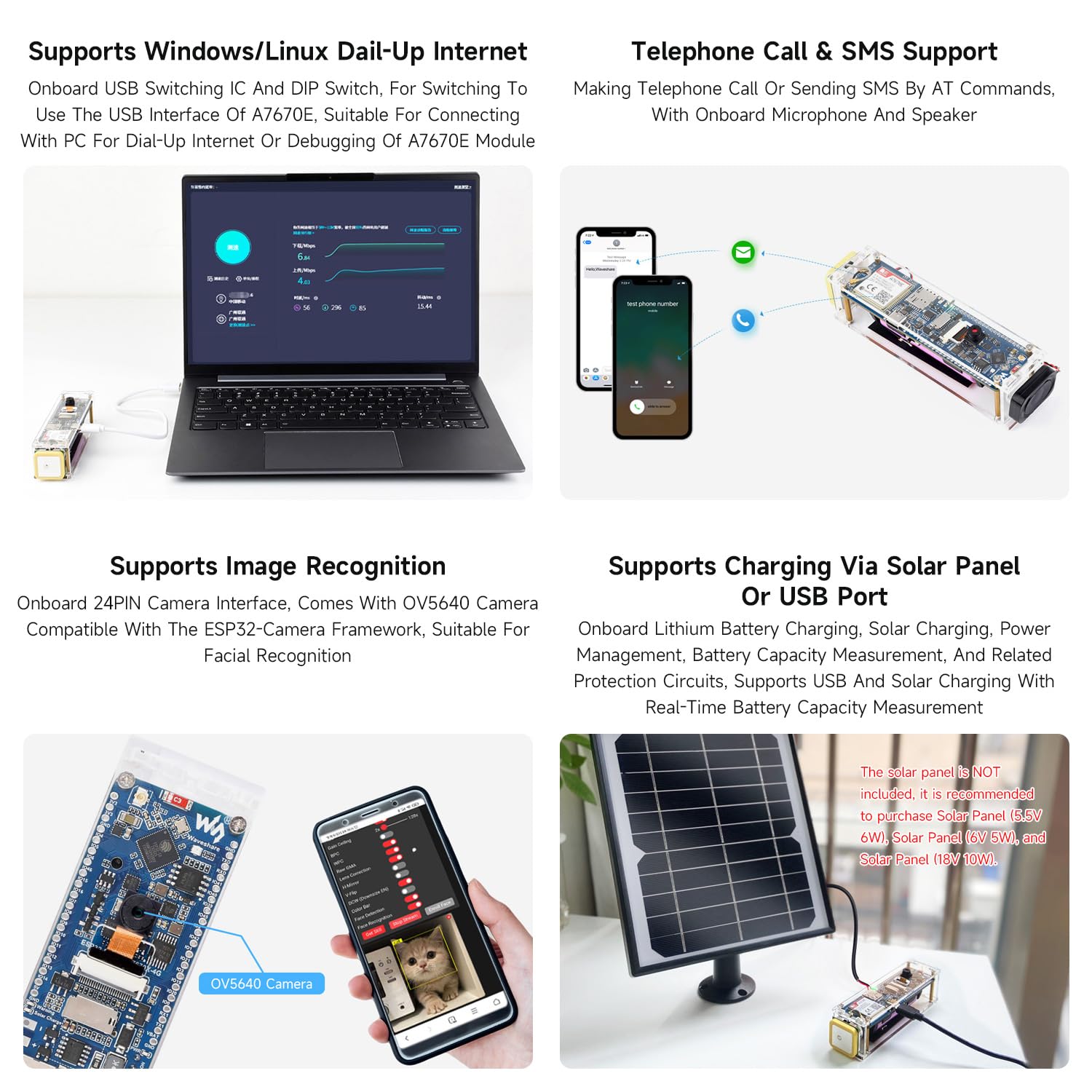 Waveshare ESP32-S3 A7670E 4G Development Board, with Camera/Speaker/Antenna | LTE Cat-1/2G/WiFi/BT/Telephone Call/SMS/GNSS Positioning Support, For 4G Portable WiFi