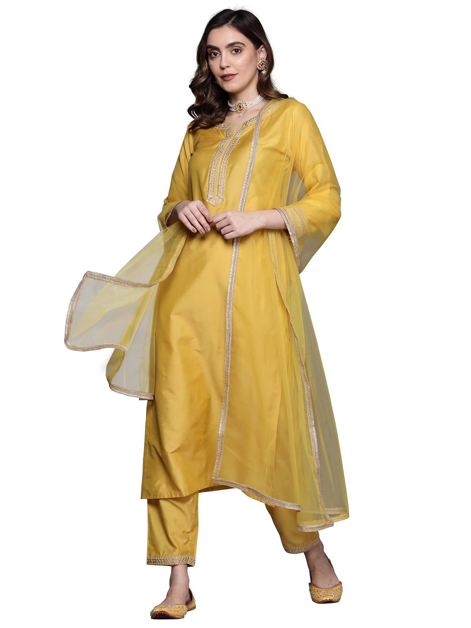 indo era Women's Silk Blend Embroidered Straight Kurta With Pant & Dupatta Set (KH1YL9323_Yellow)-picture-10