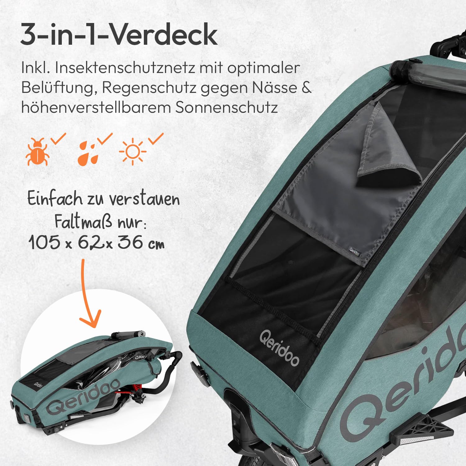 Qeridoo QUPA 1 Plus Mineral Blue |Fahrradanhänger 1 Kind mit Federung & 3-in-1-Verdeck |Kinderfahrradanhänger & Jogger Kinderwagen | Faltbarer Fahrrad Anhänger Kinder |Sicher & Komfortabel im Alltag