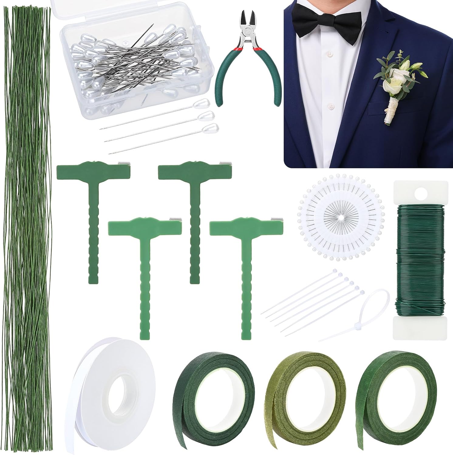 Hoemwarm Boutonniere Pin Kit Corsage Making Supplies Set Includes Pins Floral Wire Tape Cutters White Ribbon Metal Clips for Wedding Prom Party DIY Craft Arrangements