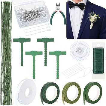 Hoemwarm Boutonniere Pin Kit Corsage Making Supplies Set Includes Pins Floral Wire Tape Cutters White Ribbon Metal Clips for Wedding Prom Party DIY Craft Arrangements