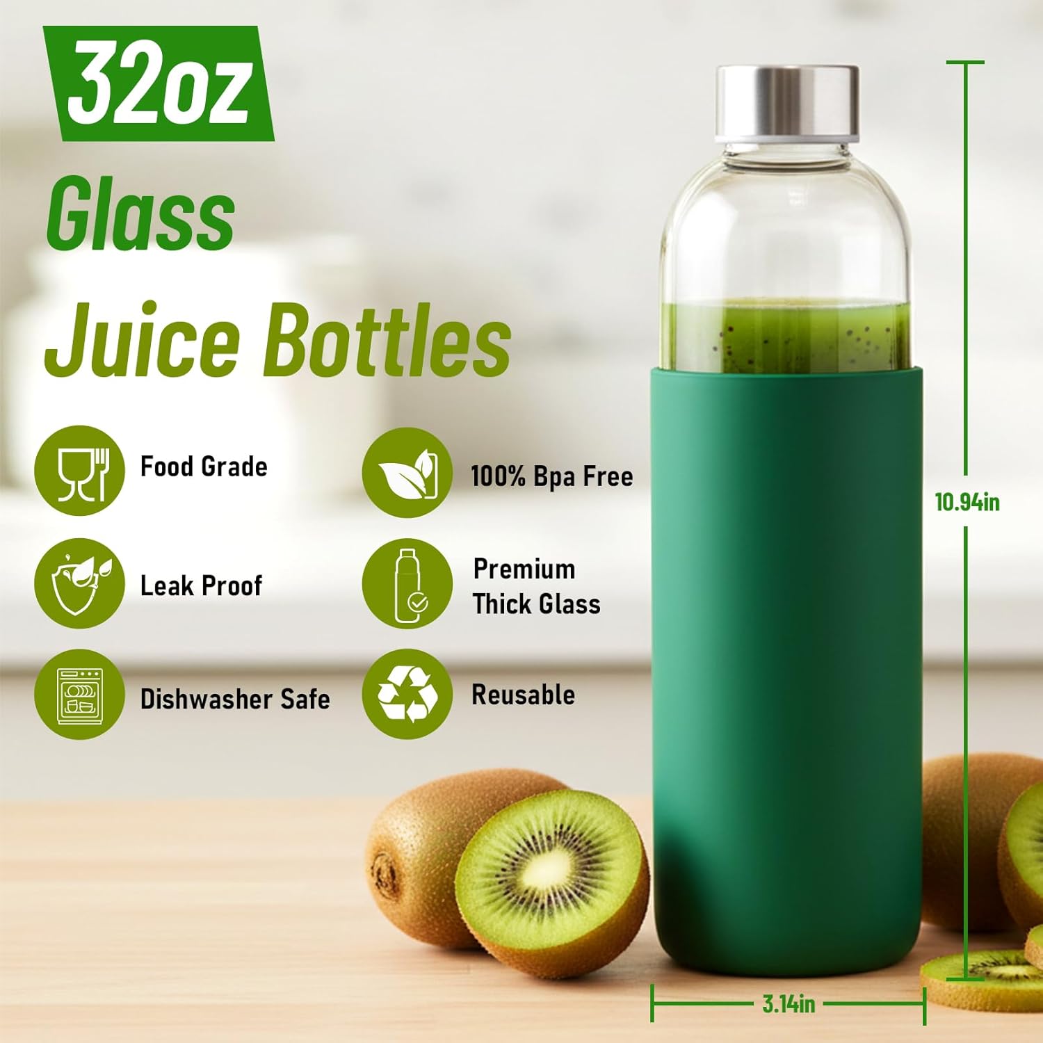 Sursip 32 oz (Set of 3) Glass Juice Bottles with Lids & Silicone Sleeve - Reusable, Refillable, Leakproof, BPA Free for Juicing, Refrigerator Storage - Image 2