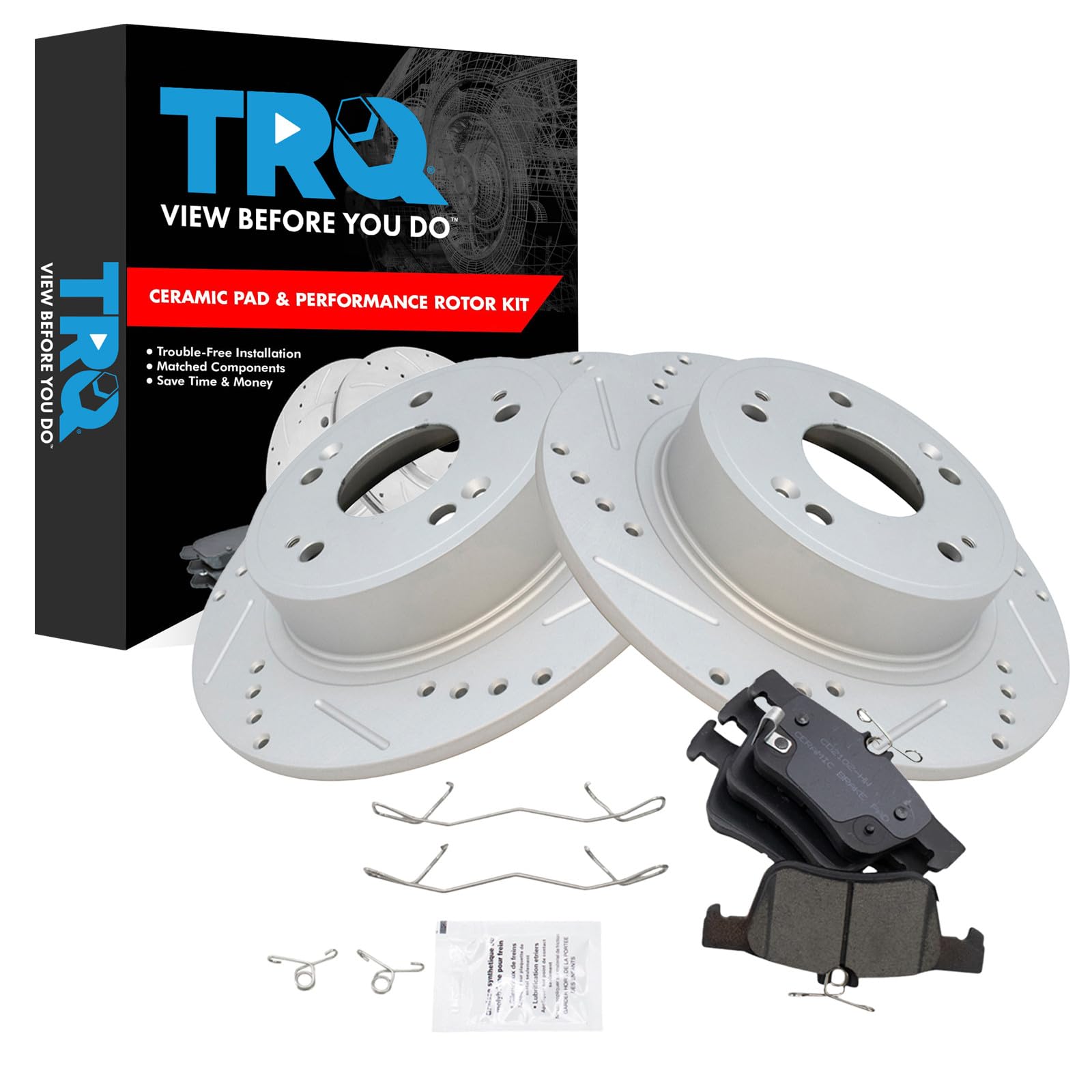 TRQ Performance Rear Brake Pad and Rotor Set Ceramic Coated Drilled Slotted Rotors Compatible with 2018-2020 Honda Accord