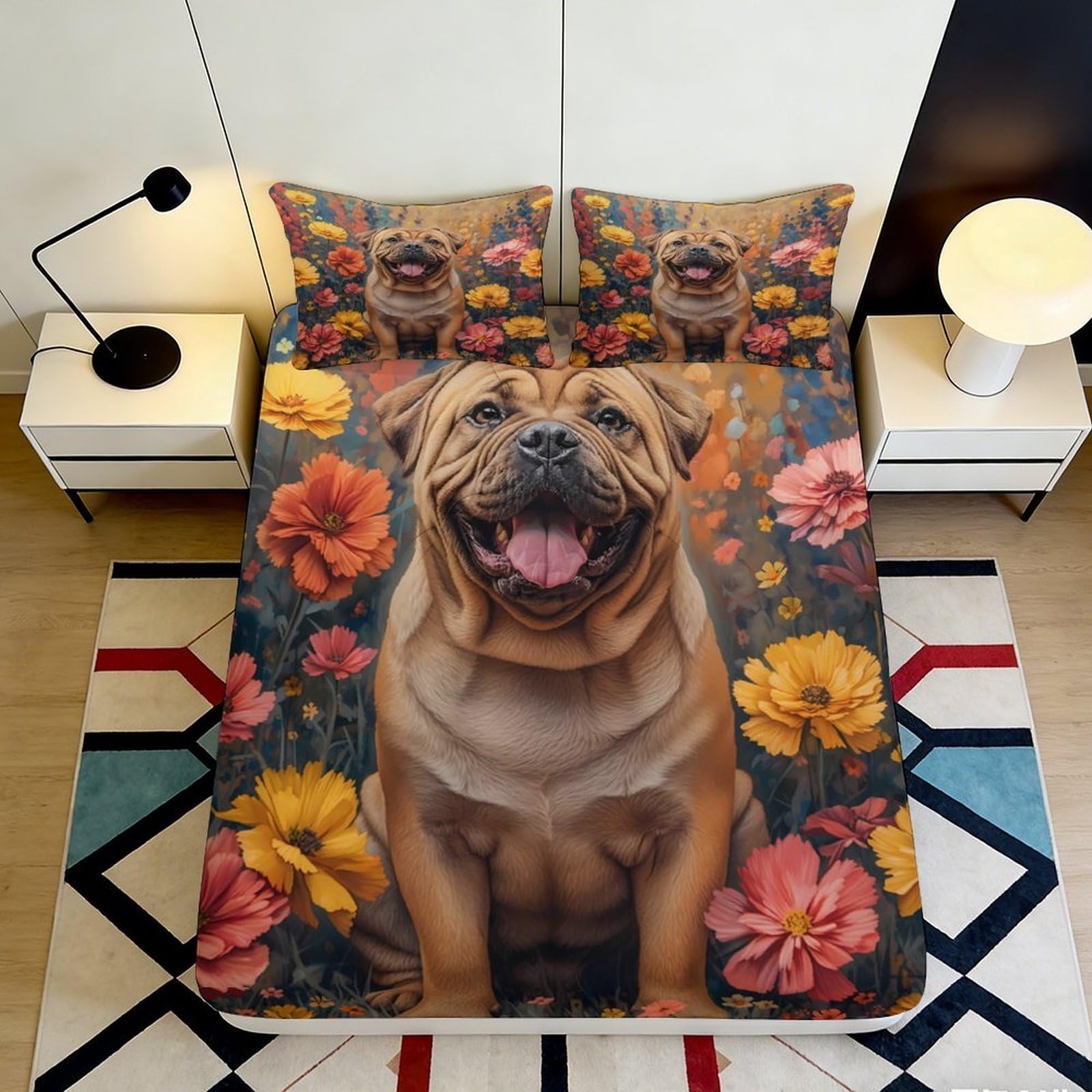 Pnayamiorkfel Style-6 3D Printed Bulldog Floral Fitted Sheet Microfiber Soft Non-Slip Mattress Cover For Bedroom Guest Room Decor 90X200x25cm