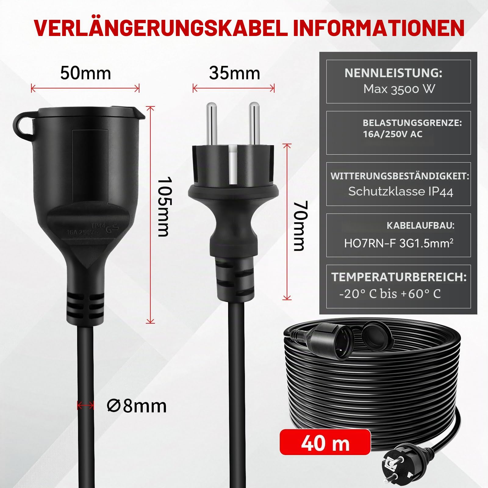 Außen-Stromverlängerung 40m, Verlängerungskabel 40m mit Schutzkappe - IP44 außen, Querschnitt 3G1,5 mm², Belastungsgrenze 16A/250V, Schutzkontakt für innen & außen