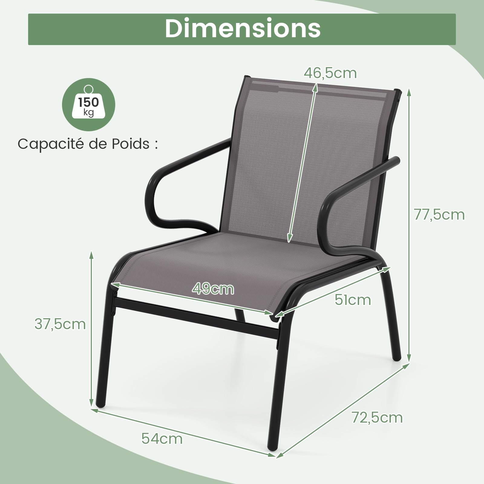 GOPLUS Lot de 2 Chaises Jardin Exterieur, Chaise Balcon Empilables avec Dossier Haut et Accoudoirs, Tissu Respirant et Structure Métallique, pour Jardin, Terrasse, Charge 100KG