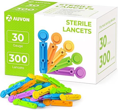 AUVON Lancetas para diabetes para pruebas de glucosa en sangre, multicolor 1.06 oz, 300 unidades de lancetas diabéticas para menos dolor, agujas