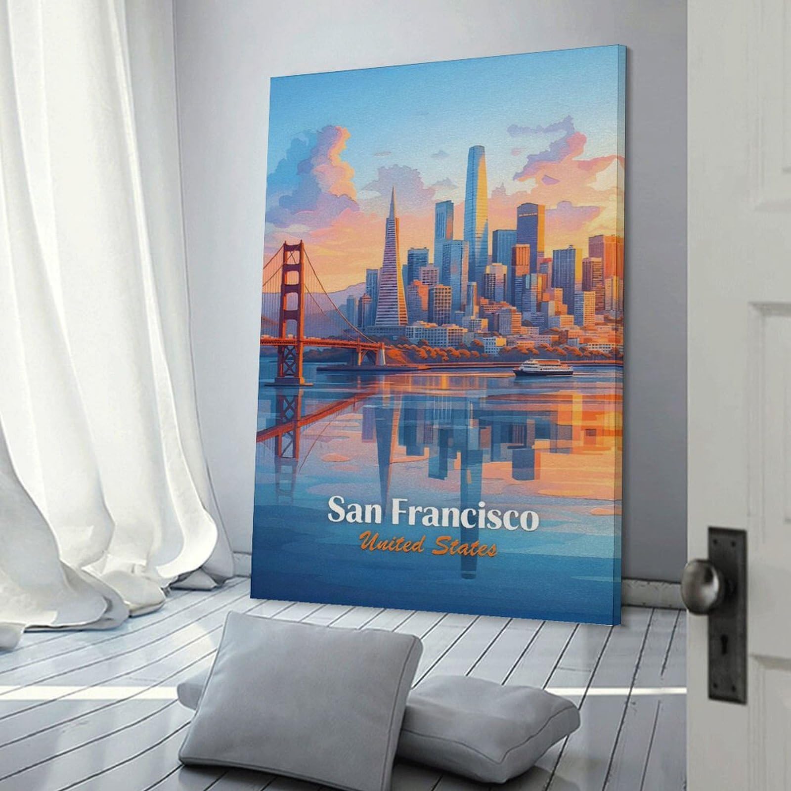 Junmoney Frame-Style-15 San Francisco Skyline At Sunset Room Decor Wall Art, 20X30inch(50X75cm), For Living Spaces, Bedrooms Or Relaxed Rooms, Canvas Styling For A Polished Room Look