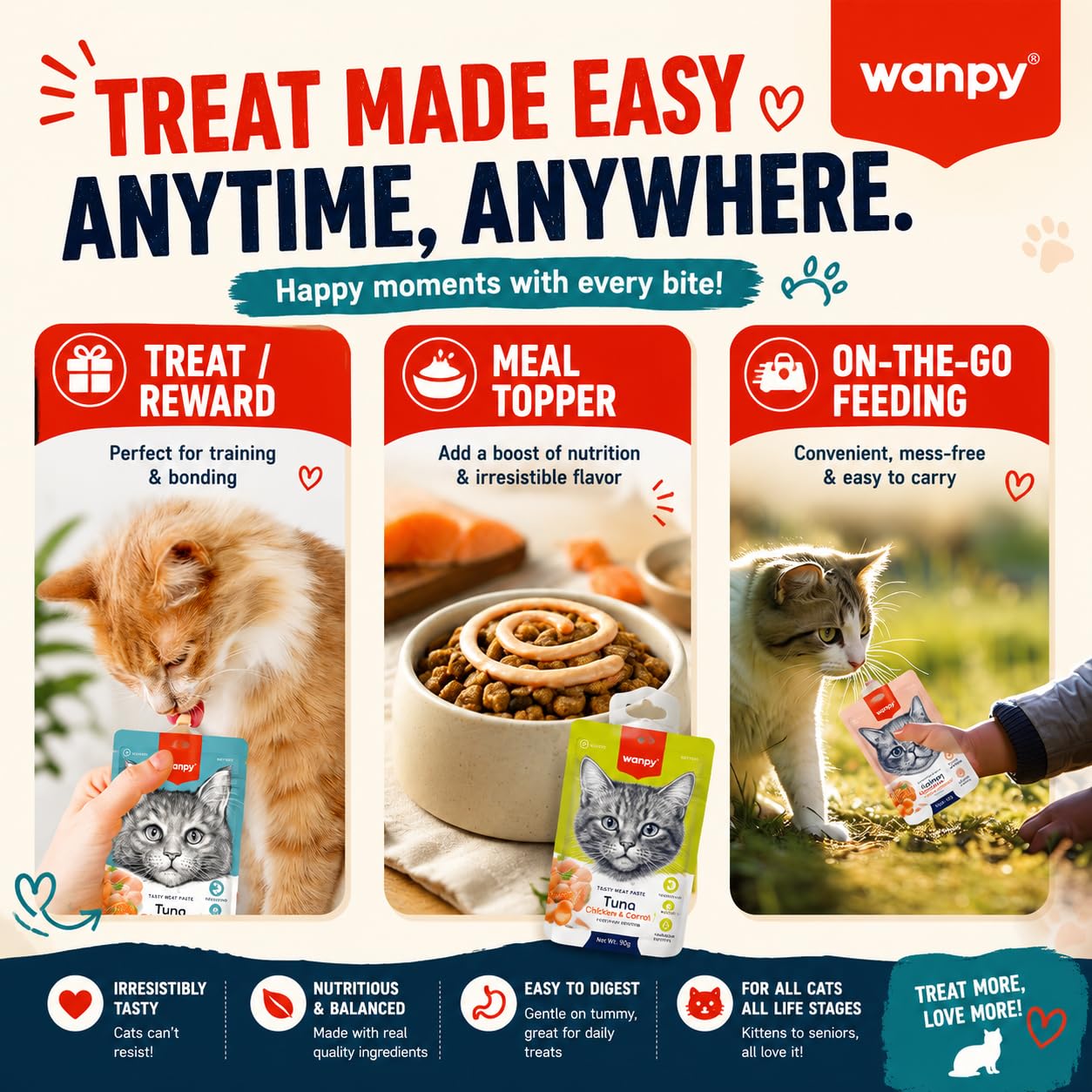 Wanpy Tasty Meat Paste Cat Treat, Salmon Chicken & Carrot, 90g | Creamy Lickable Wet Cat Treat | Real Meat | High Protein | Healthy Digestion | Meal Topper | for All Cats & Life Stages (Pack of 4) 3