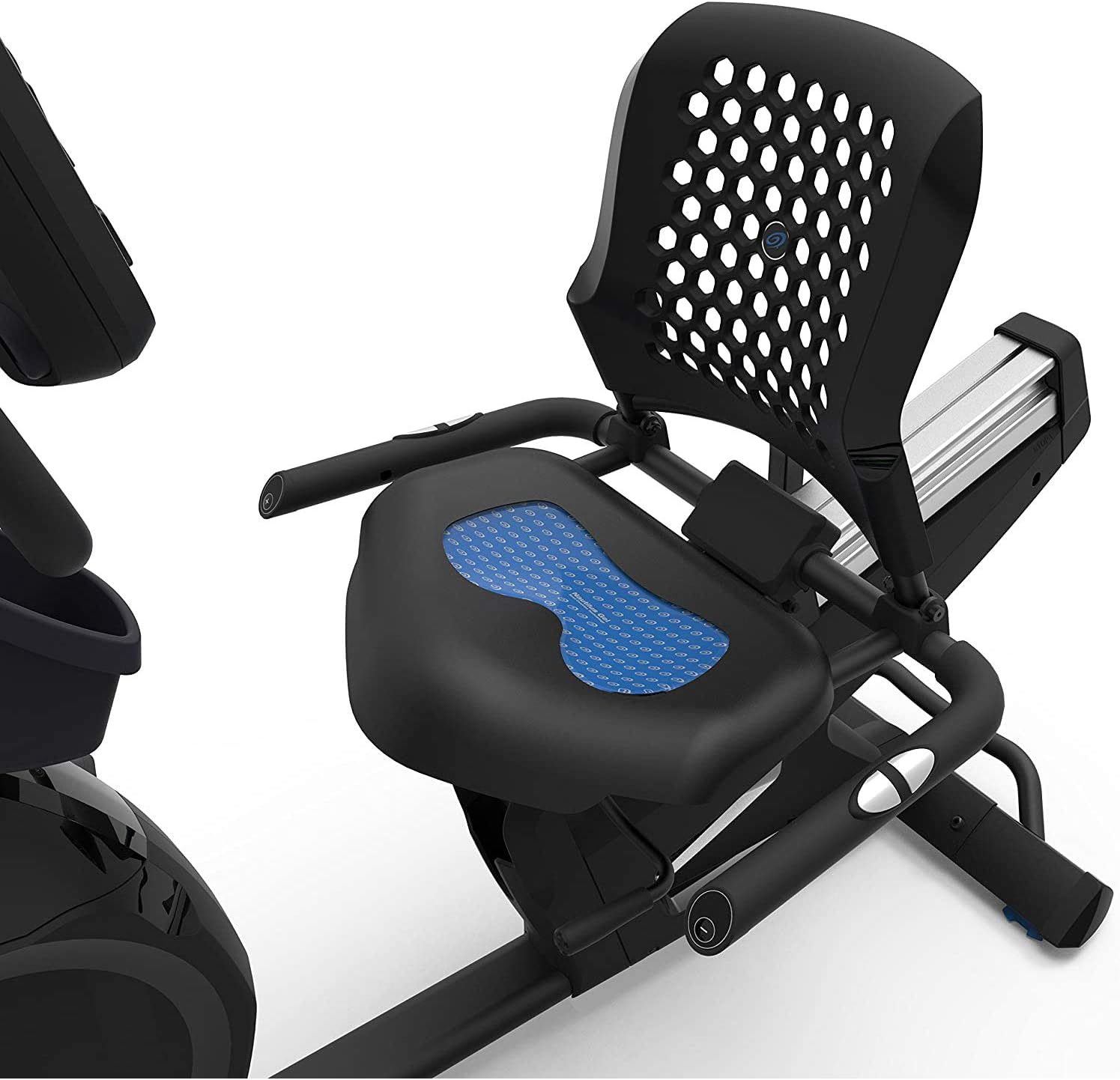 Close-up of the Nautilus R618 Recumbent Bike's gel seat