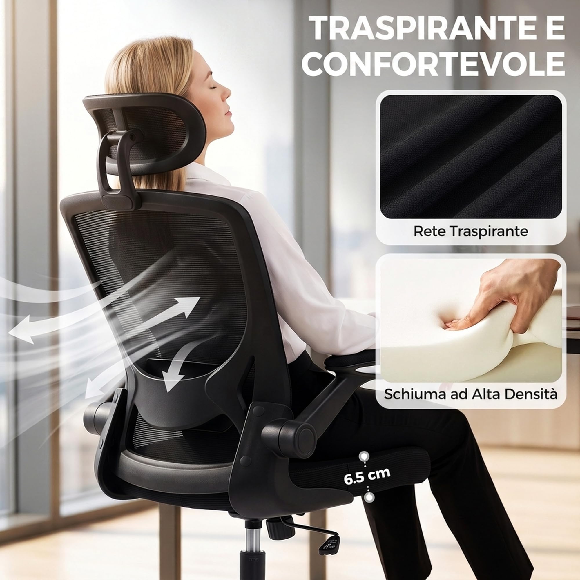 HOMCOM Sedia Ufficio Ergonomica Poltrona, Supporto Lombare Regolabile, Nera