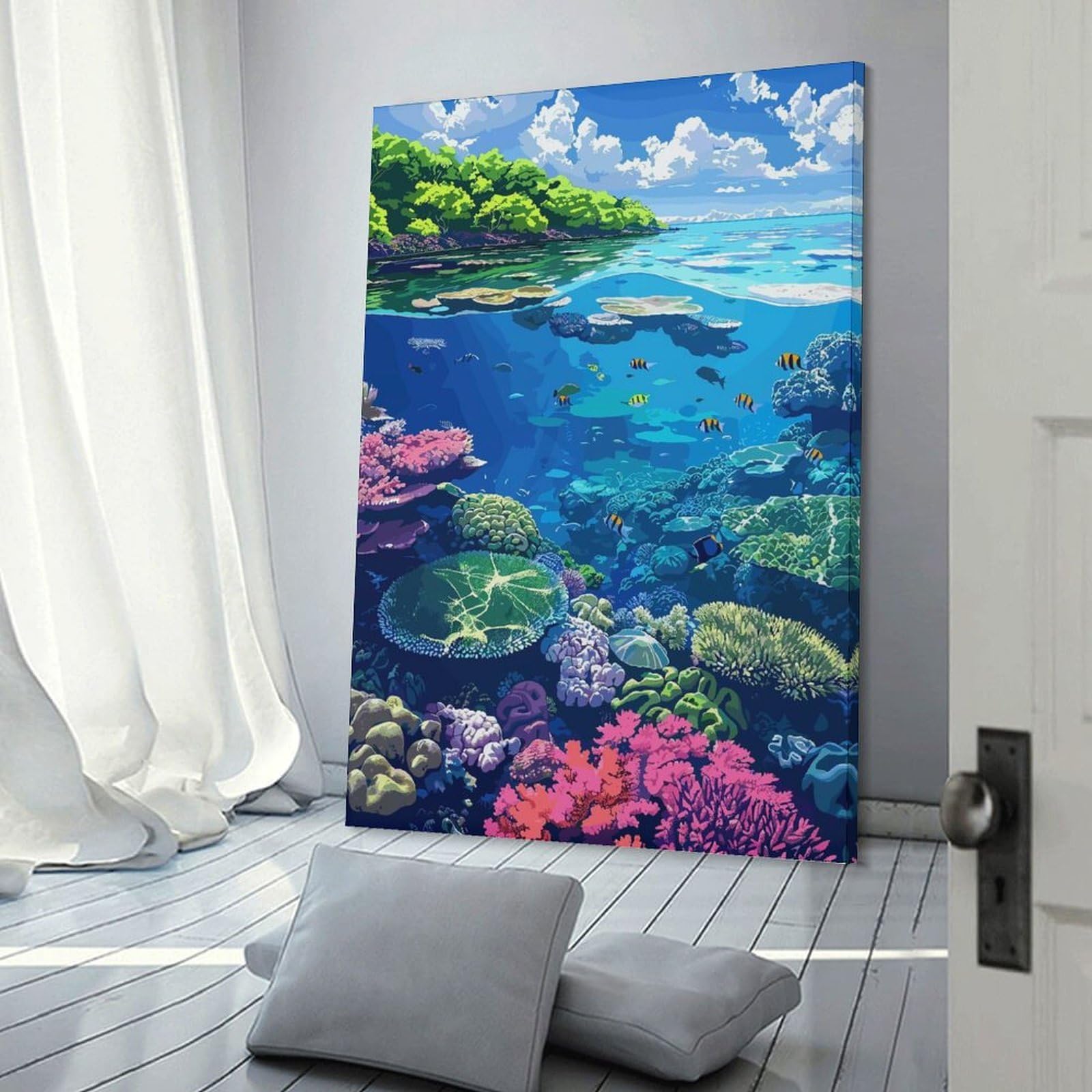 Junmoney Vibrant Coral Reef Ecosystem Illustration Hanging Wall Art 24x36inch(60x90cm), for Study, Office Or Focused Interiors, Wall Art That Adds Style to Work Areas