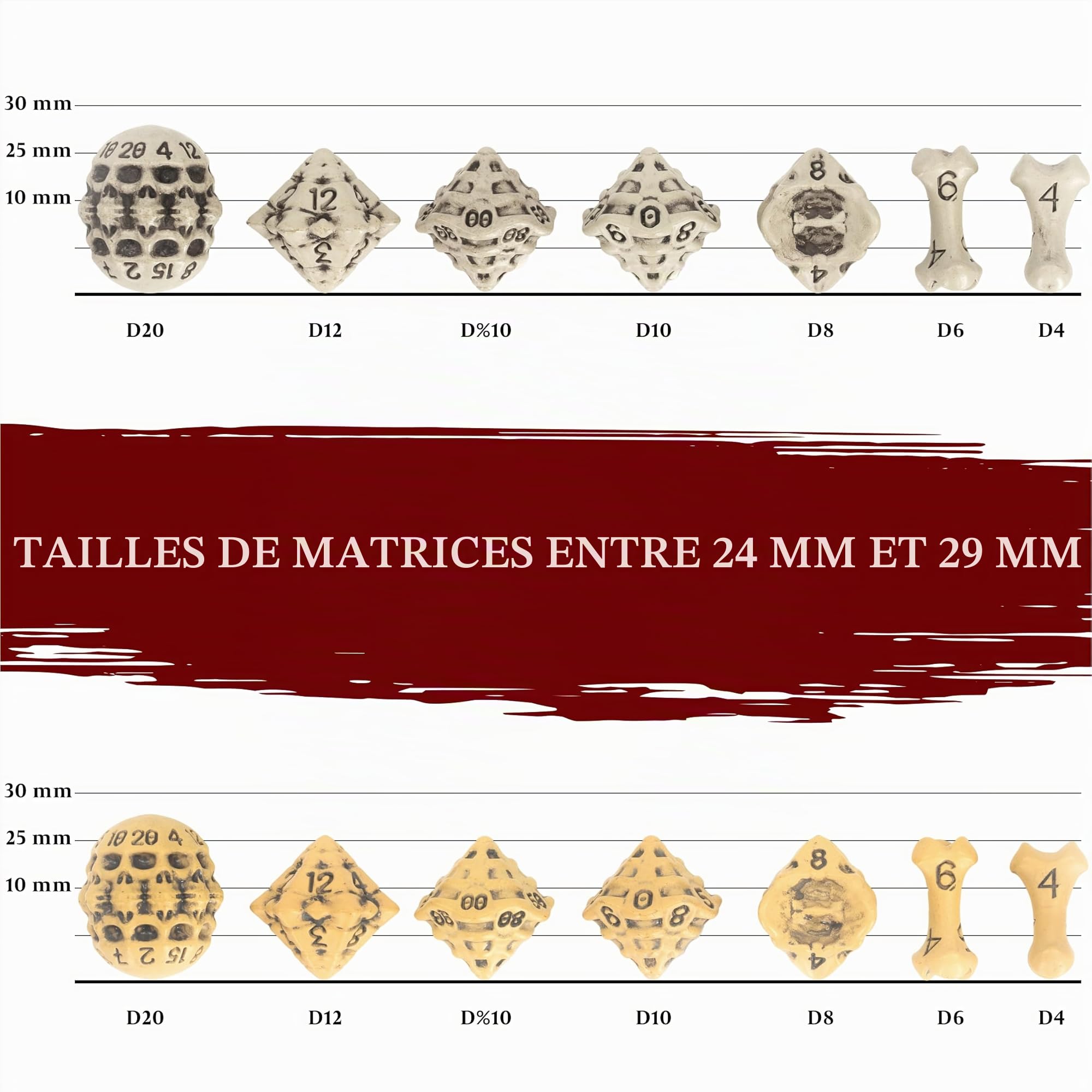 Set de Dés JdR - 7 Dés Crâne & Os/Skull & Bone Dice Set pour DND - D20,D12,%D10,D10,D8,D6,D4. Cadeau pour Donjons & Dragons/Dungeons & Dragons, Warhammer, D&D, Pathfinder, Accessoires de Jeu de Rôle