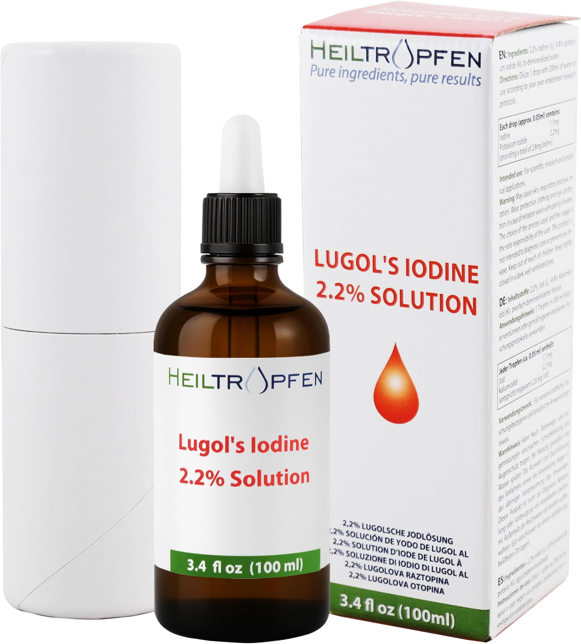Heiltropfen 2.2% Lugol's Iodine Solution (3.4 Fl Oz), Pharmaceutical Grade, Lugols Solution Made with Iodine and Potassium Iodide. ®