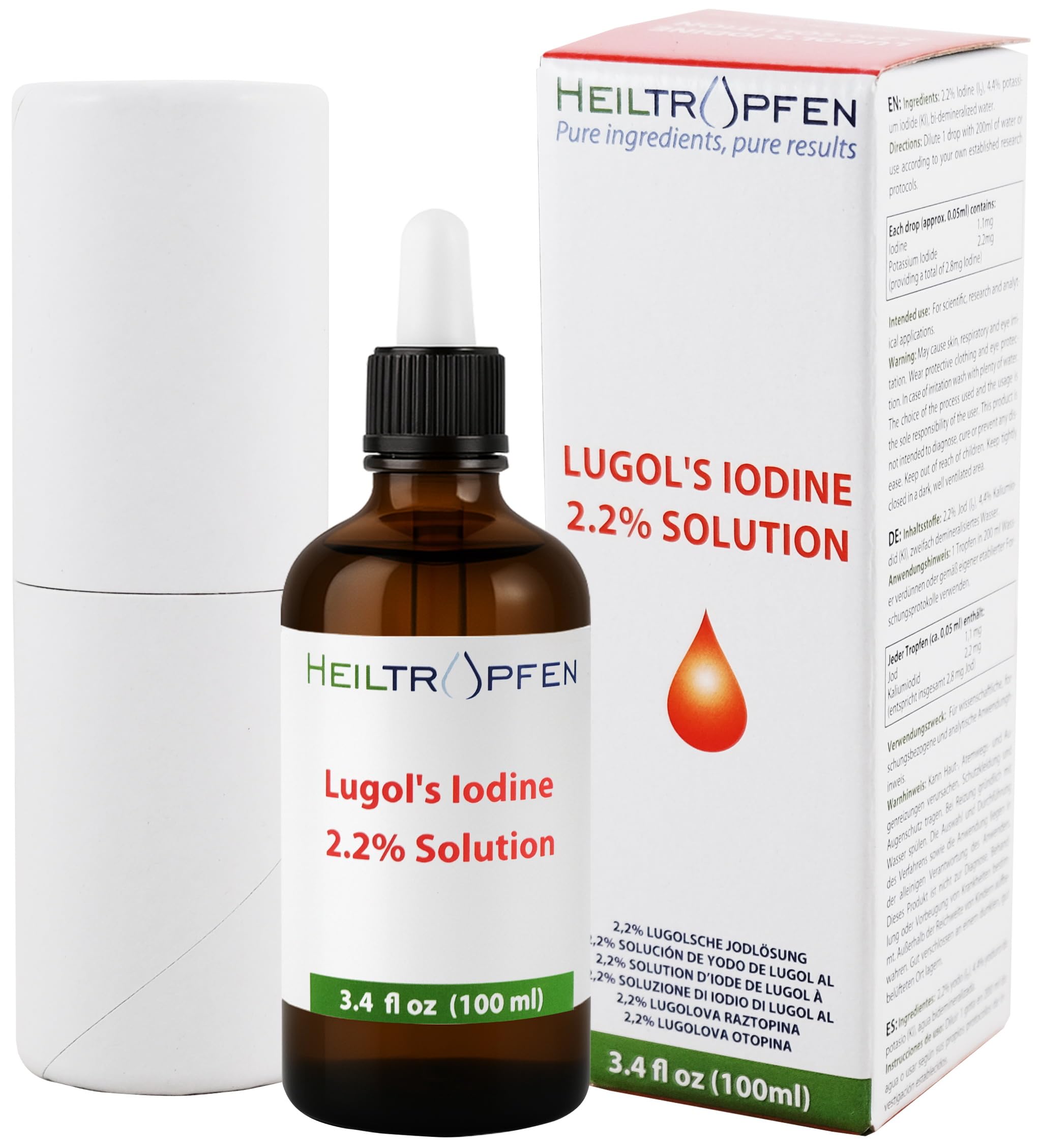 2.2% Lugol's Iodine Solution 3.4 Fl Oz | Pharmaceutical Grade Ingredients | Lugols Solution Made with Iodine and Potassium Iodide | Third-Party Tested | Heiltropfen®