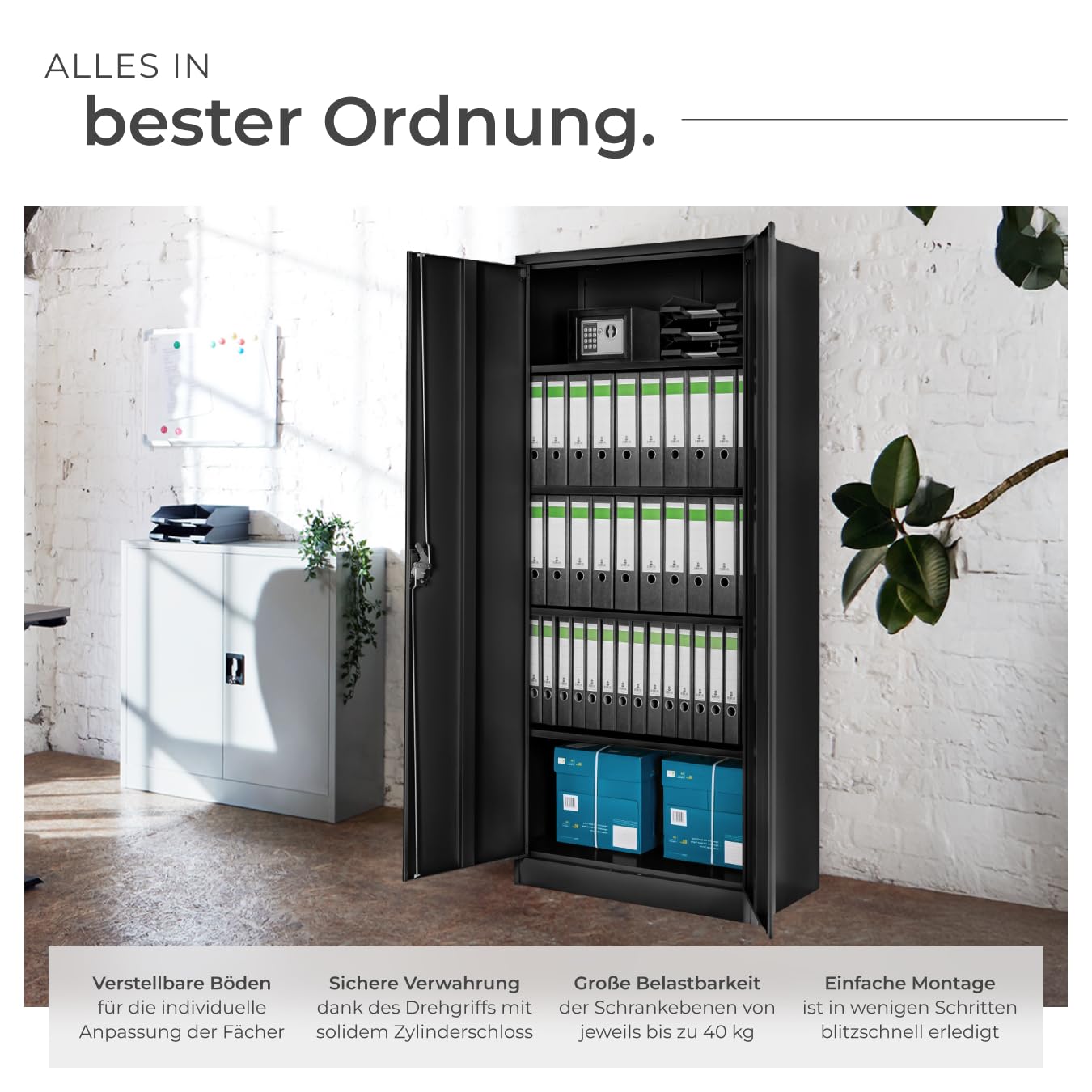 tectake® Aktenschrank, 180 x 90 x 40 cm, Büroschrank abschließbar, Mehrzweckschrank aus Stahl, Allzweckschrank, mit 2 Türen, Ink. 5 höhenverstellbare Einlegeböden, Aktenschrank abschließbar - schwarz