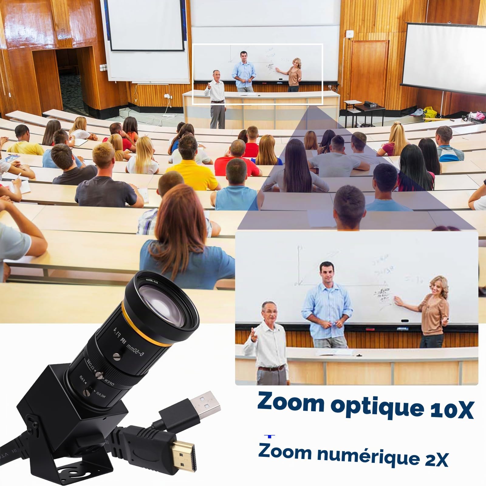 SVPRO Caméra HDMI USB 4K 60fps USB3.0 Webcam avec Objectif téléobjectif 5-50mm, caméra de Microscope Industriel à Zoom Optique 10X Webcam de Streaming H.264 pour Ordinateur, Moniteur, TV, projecteur