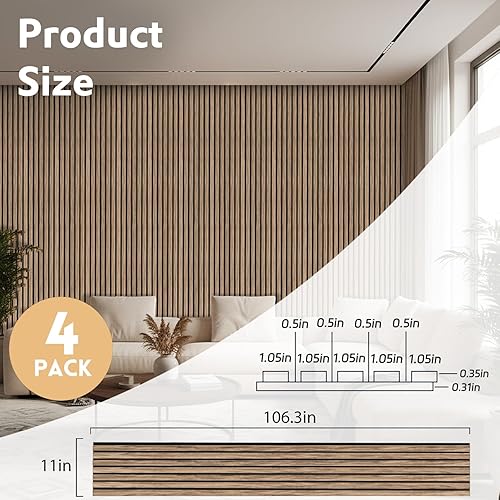 Miniatura 2 de Paquete de 4 paneles de madera para pared, paneles acústicos de listones de madera de 106.3 x 11 pulgadas para pared, paneles insonorizados, paneles