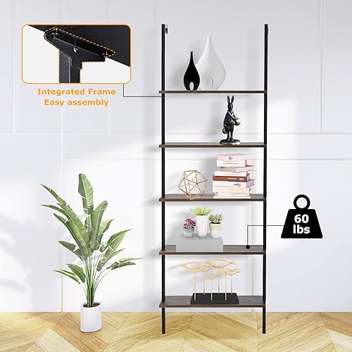 Miniatura 7 de Estantería de escalera de 5 niveles para montar en la pared, estantería de escalera con marco de metal y estante de madera, estantería de