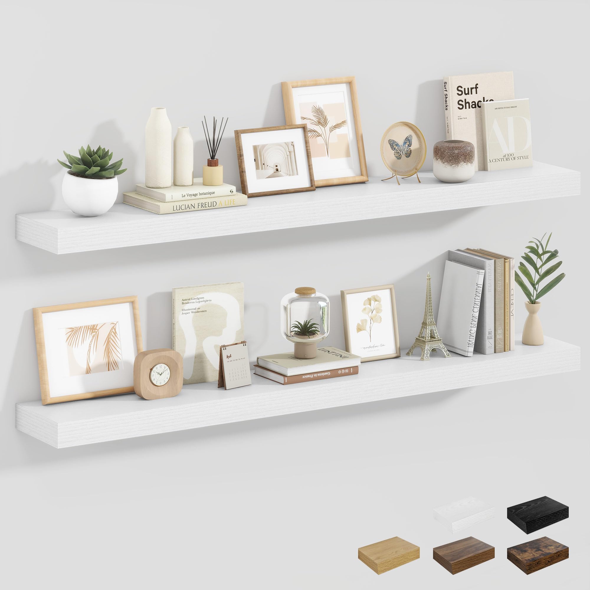 Heimlove 90cm White Floating Shelves for Wall, Set of 2 Wall Mounted Floating Shelf for Home Decor, Wooden Book Shelf for Living, Bathroom, Kitchen Bedroom, Home Office & Book Storage