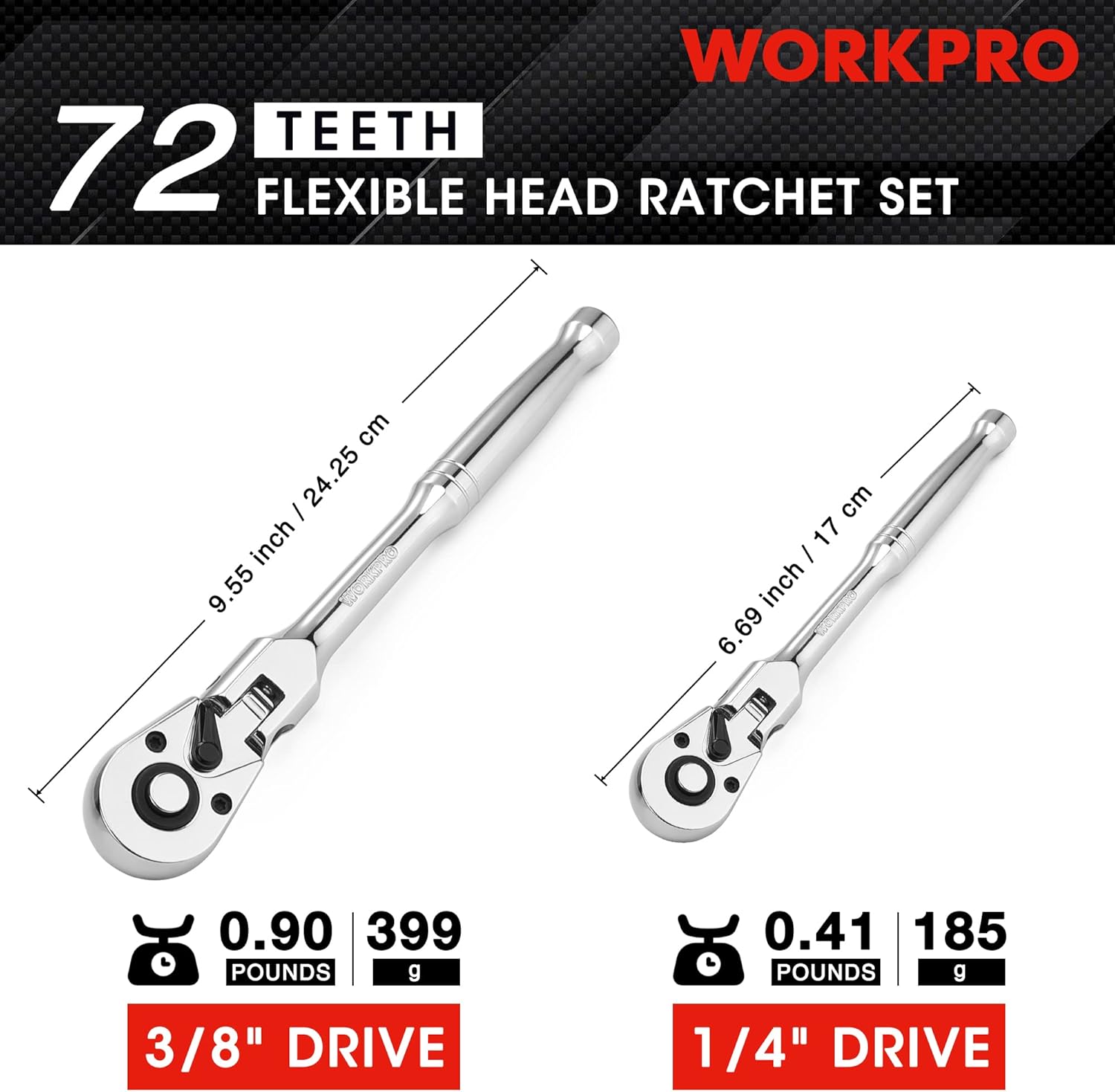 WORKPRO 2-Piece Flex Head Ratchet Set, 1/4", 3/8" Drive, 72-Tooth Ratchet with Chromium Plating Quick Release Reversible Design, 5 Degree Swing