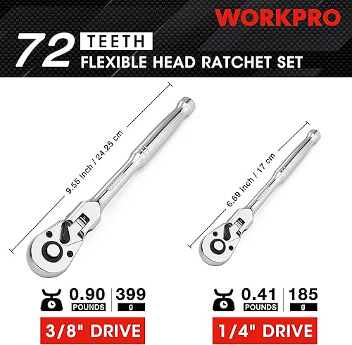 Miniatura 10 de WORKPRO Juego de trinquete de cabeza flexible de 4 piezas 14 pulgadas 38 pulgadas 12 pulgadas 38 pulgadas trinquete de 72 dientes con revestimiento
